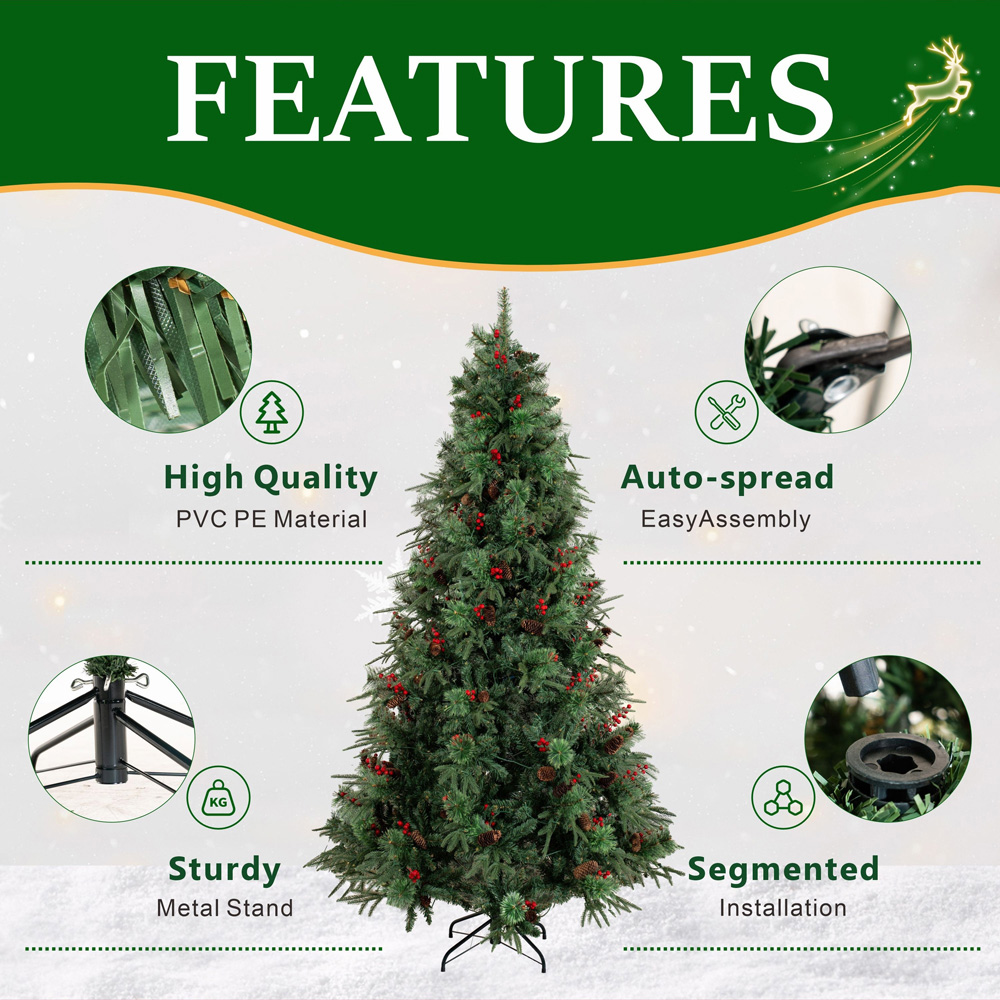Abrihome Green Artificial Christmas Tree with Berries and Pinecones 5ft Image 4