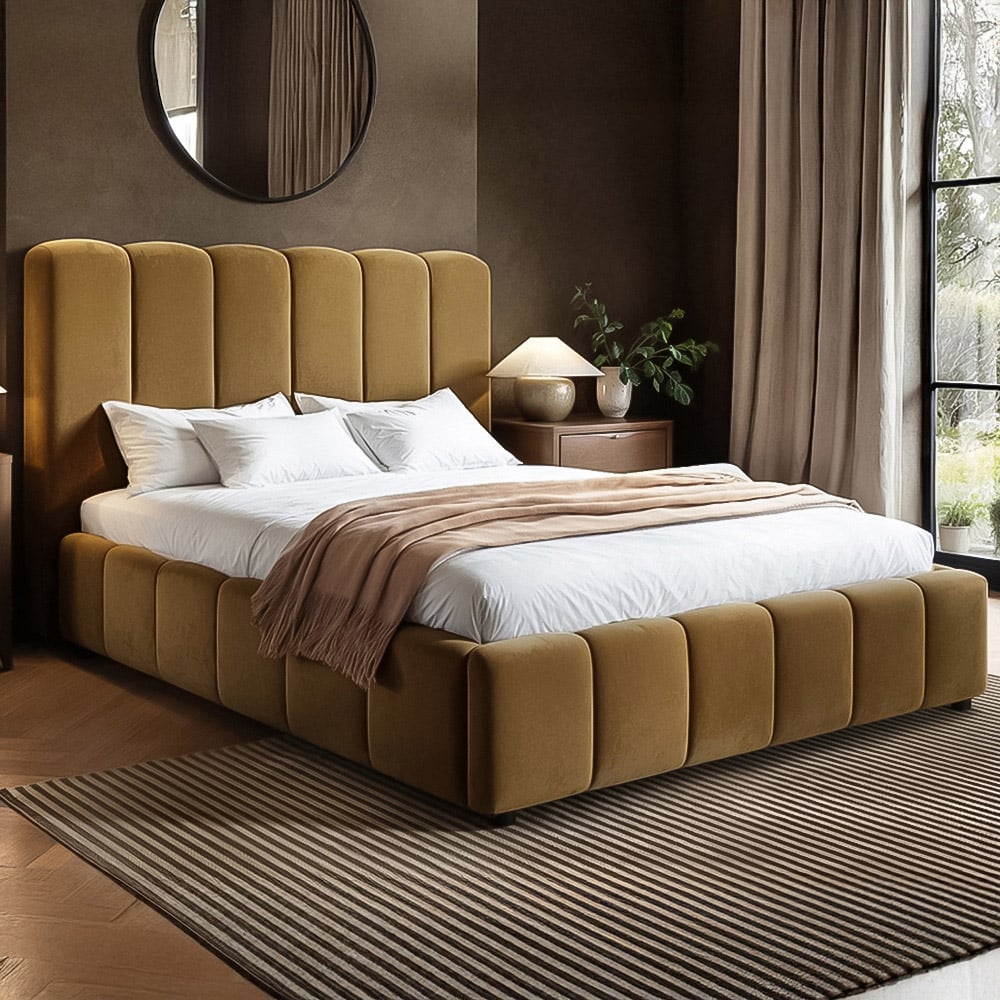 Solace+Co Emilie Double Mocha Velvet Ribbed Ottoman Bed Image 1