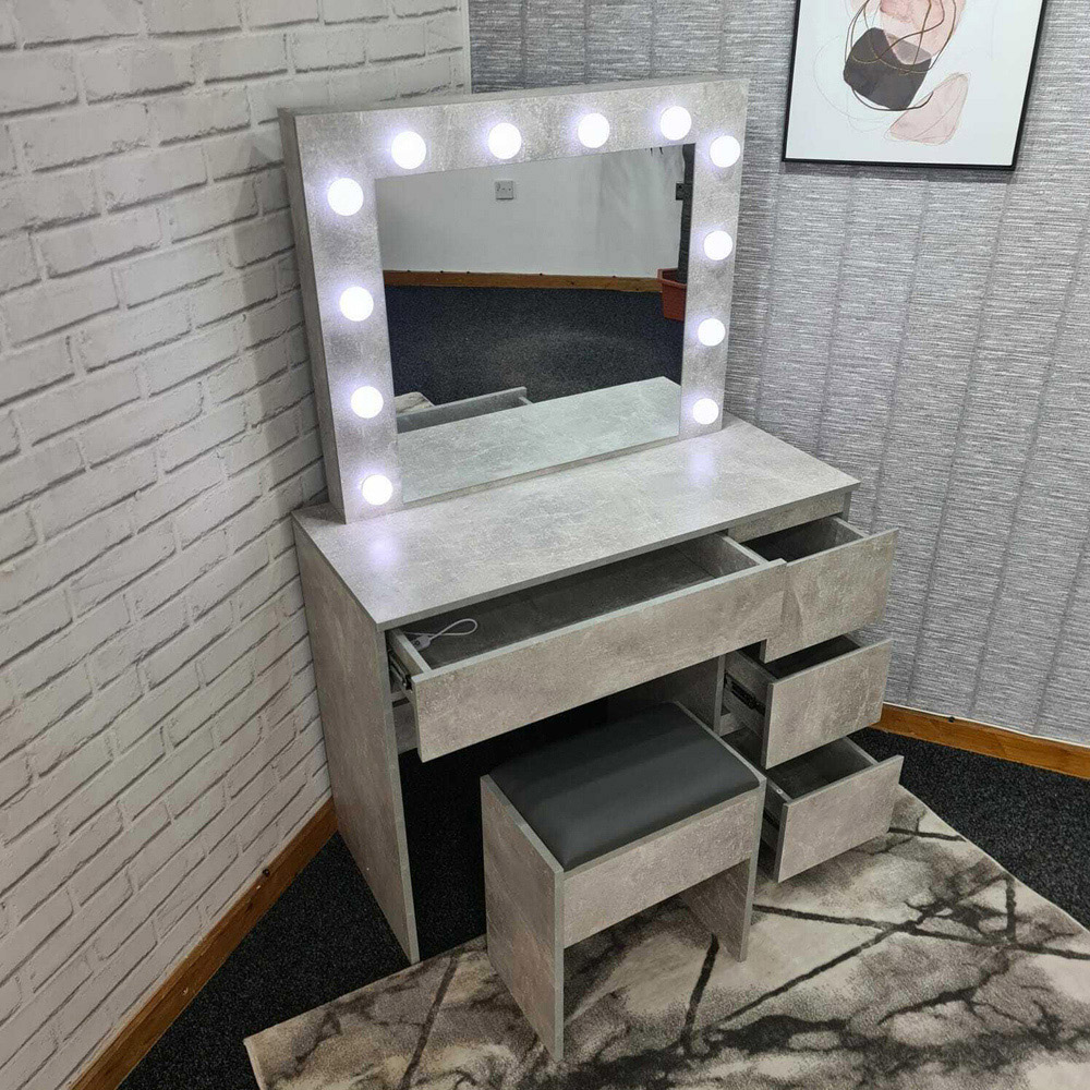 Portland 4 Drawer Stone Grey Dressing Table Set with LED Mirror Image 5