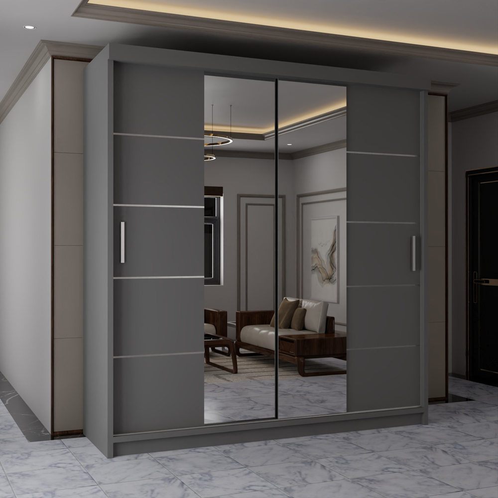 M N Furniture Osaka 2 Door Grey Mirrored Panel Sliding Wardrobe 203cm Image 1