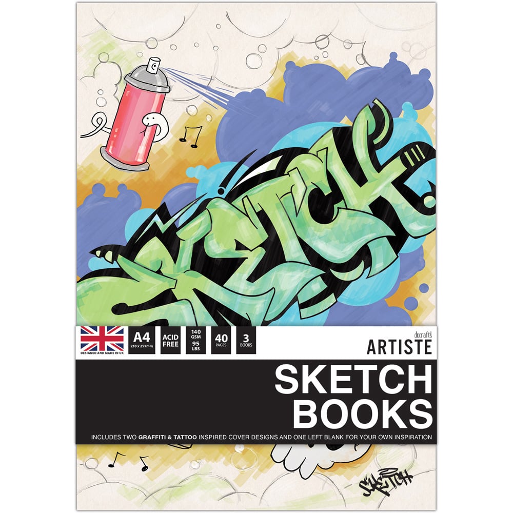 Docrafts Artiste A4 White Graffiti Tattoo Sketchbook 3 Pack Image 1