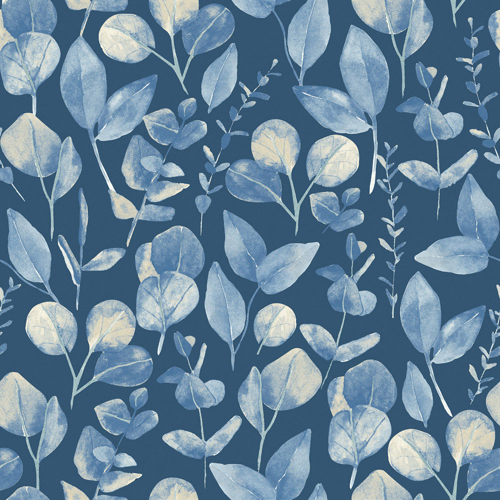 Hoopla Walls Oasis Watercolour Leaves Slate Blue Wallpaper Image 1