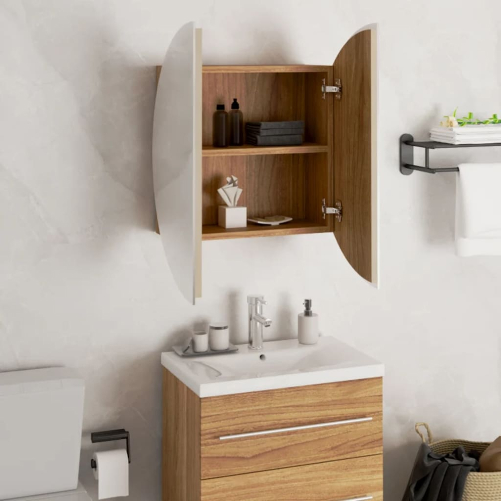 vidaXL 2 Door LED Round Mirror Oak Bathroom Cabinet Image 4