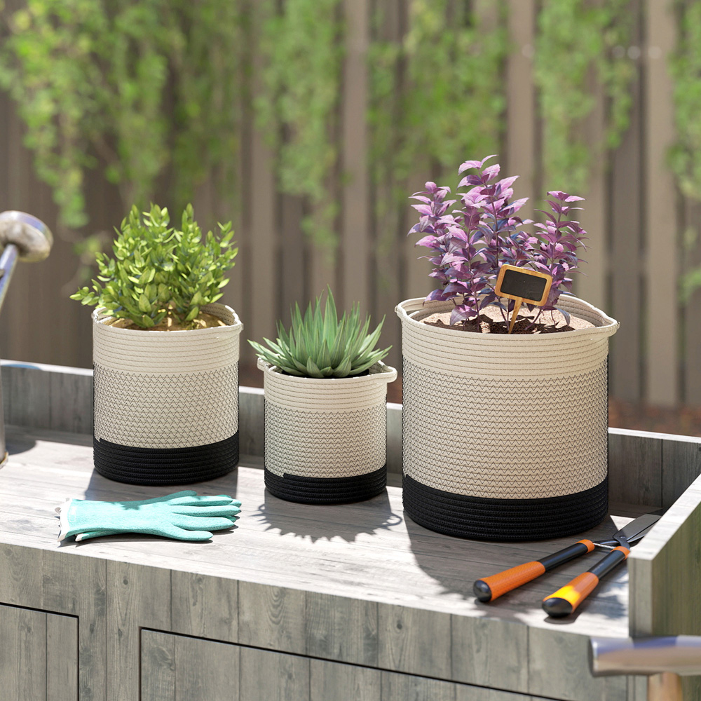 Outsunny White Handwoven Cotton Plant Pot Set of 3 Image 2