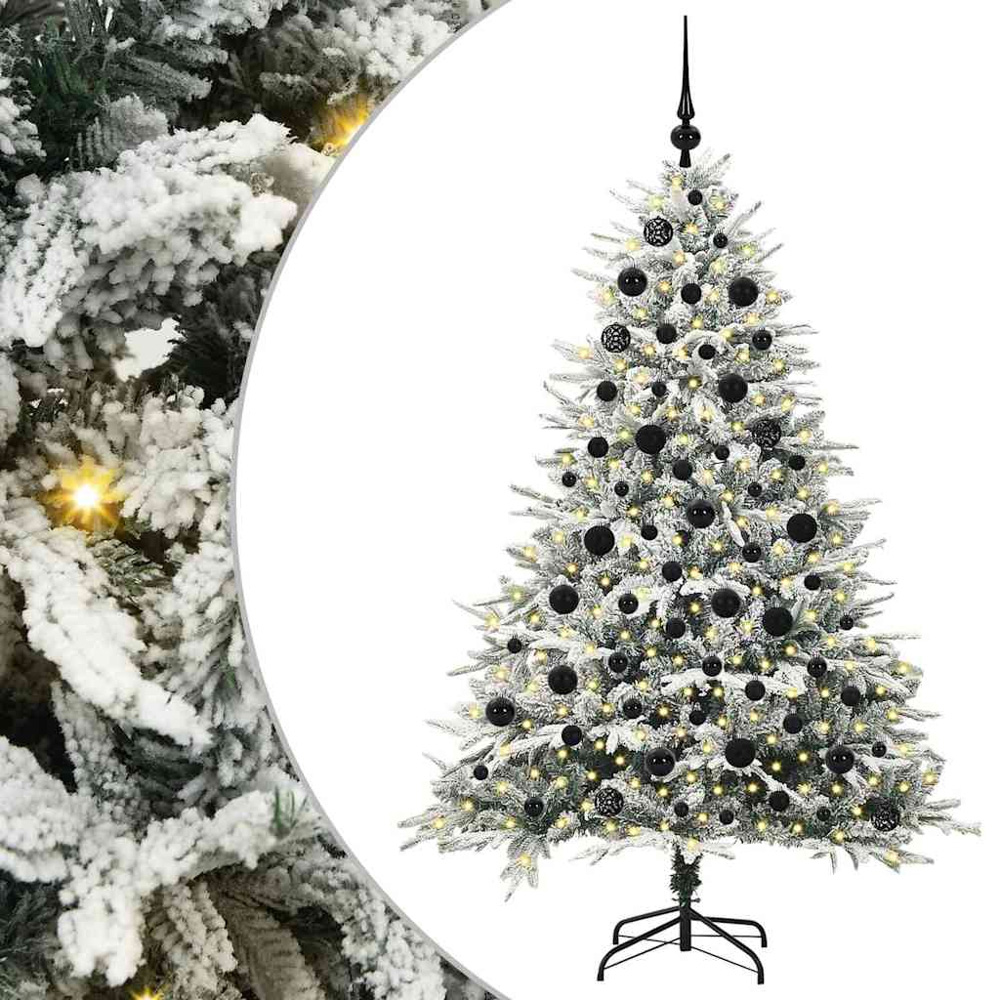 vidaXL 300 LED Pre-Lit Black Baubles Green Artificial Snow Flocked Christmas Tree 6ft Image 2