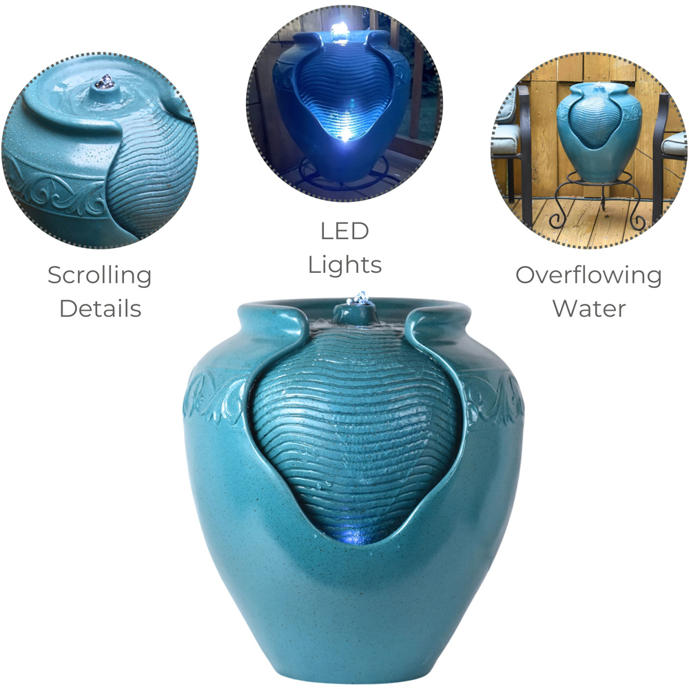 Teamson Home Teal Outdoor Glazed Pot Floor Fountain with LED Light Image 7