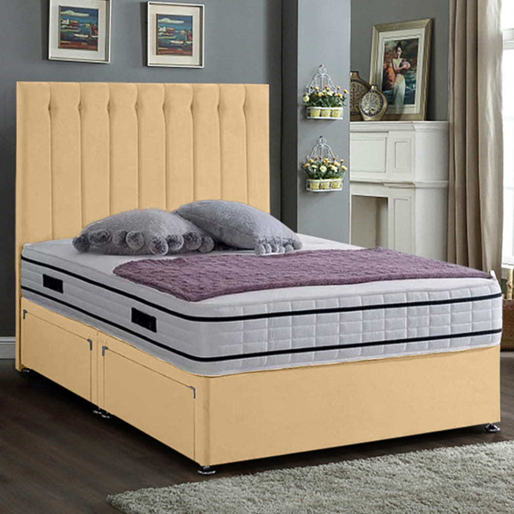 Eleganza Home Snuggler King Size Beige Plush Velvet 2 Drawer Divan Bed with Lined Headboard Image 1