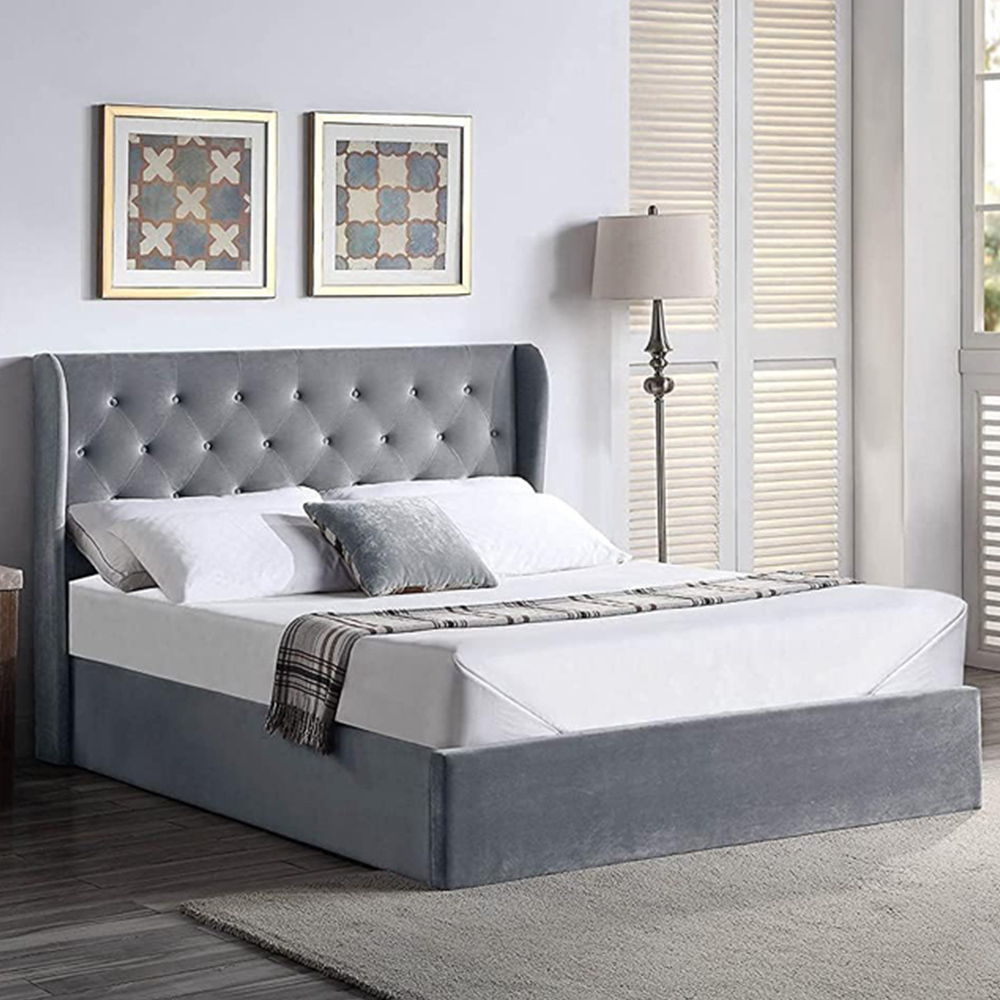 Home Treats Double Grey Velvet Winged Headboard Ottoman Bed Frame Image 1
