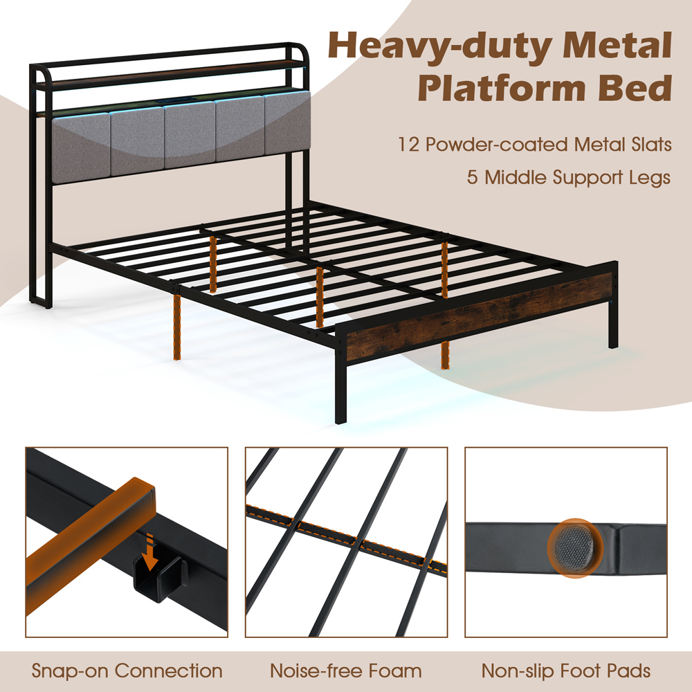 Costway King Size Bed Frame with LED Light and Charging Station-King Size Image 4