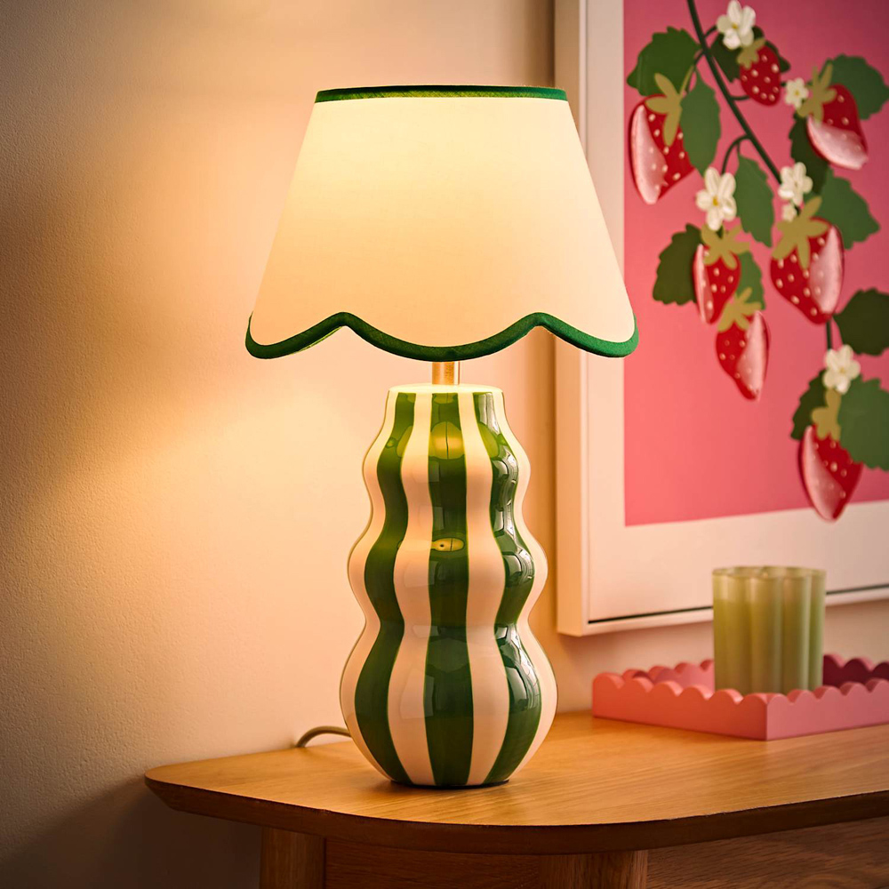 ValueLights Everie Scallop Shade Green Stripe Table Lamp with Bulb Image 2