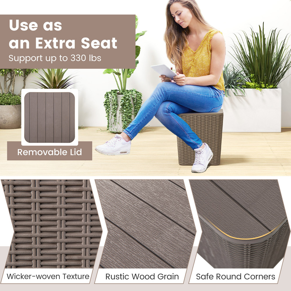 Costway Brown Resin Wicker Woven Garden Side Table with Storage Image 6