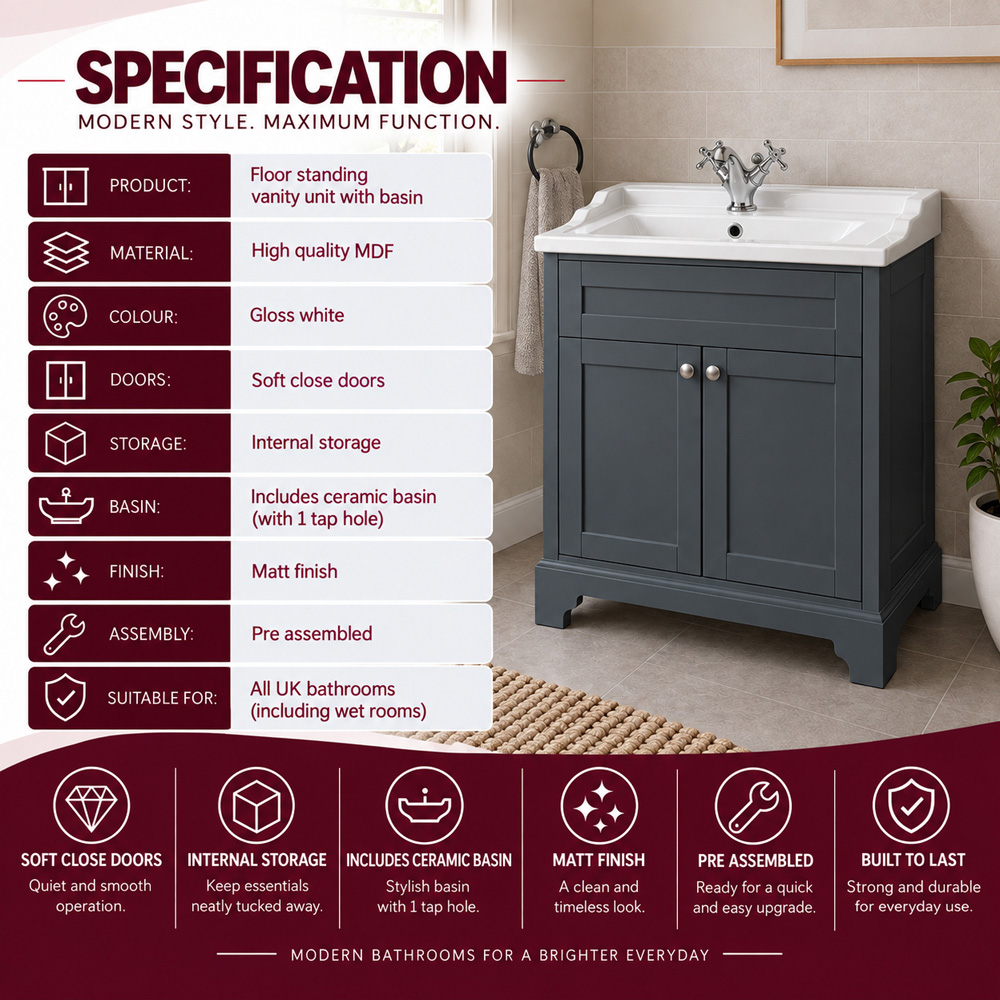 Go Bathrooms Arundel 2 Door Midnight Grey Traditional Floorstanding Vanity Unit 800mm Image 7