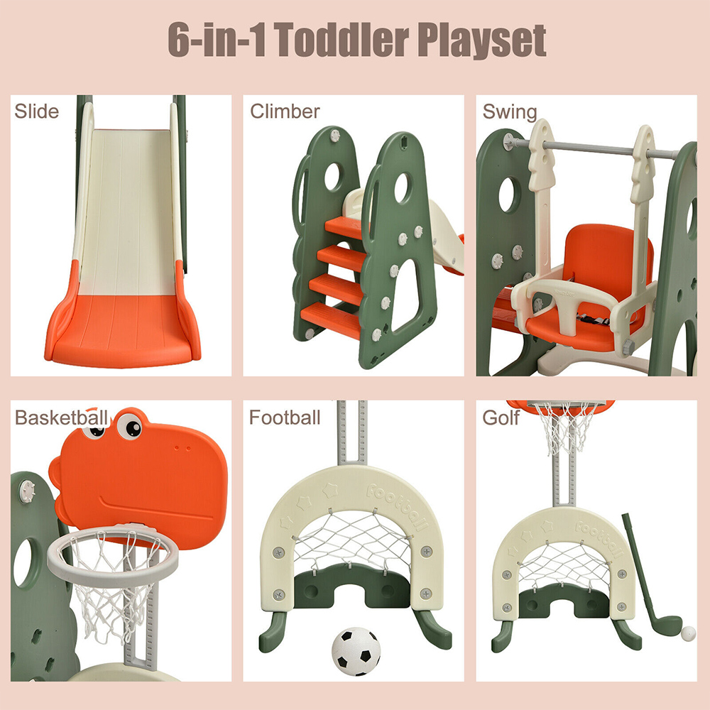 Costway Kids Orange 6 in 1 Slide and Swing Set with Adjustable Basketball Hoop Image 5