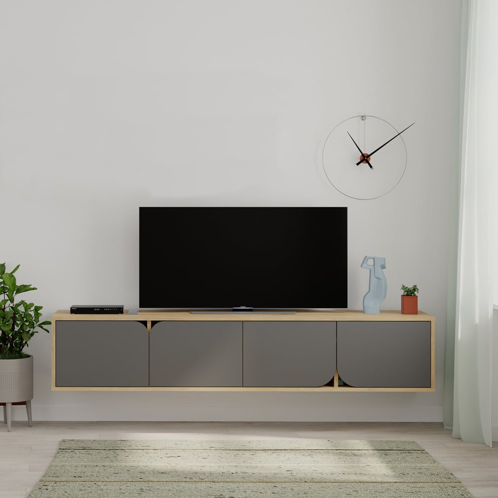 Decortie Spark 4 Door Oak Anthracite Grey Modern TV Unit Image 5