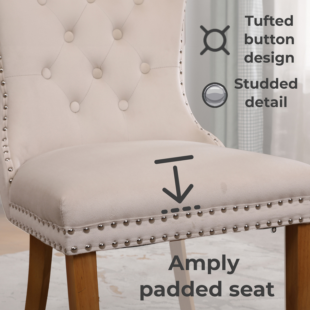 Neo Set of 2 Natural Studded Velvet Dining Chairs with Ring Knocker Detail Image 8