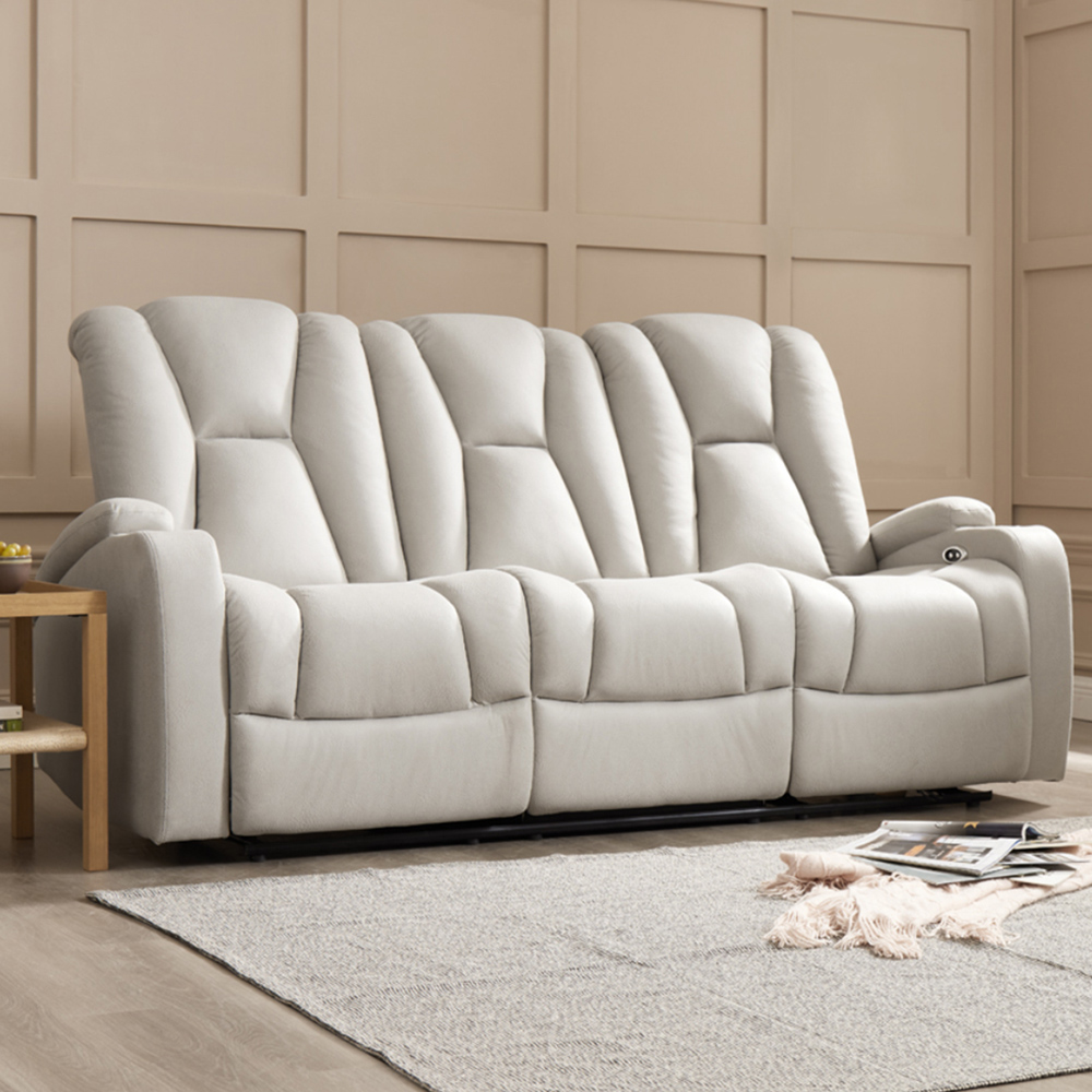 Home Detail Hannah 3 Seater Light Grey Air Leather Electric Recliner Sofa Image 1