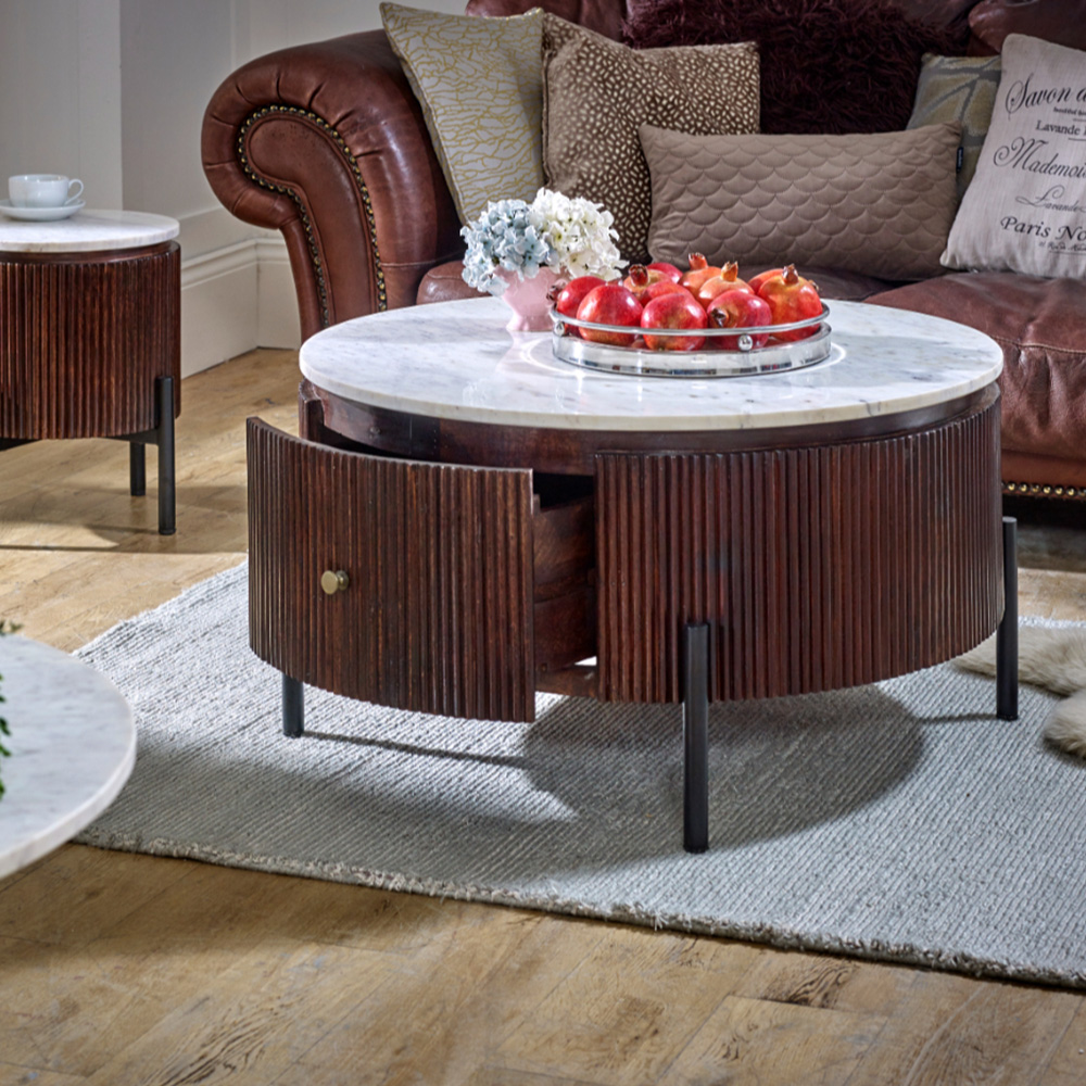 Brooklyn Opal Single Drawer Marble Top Mango Wood Round Fluted Coffee Table Image 7