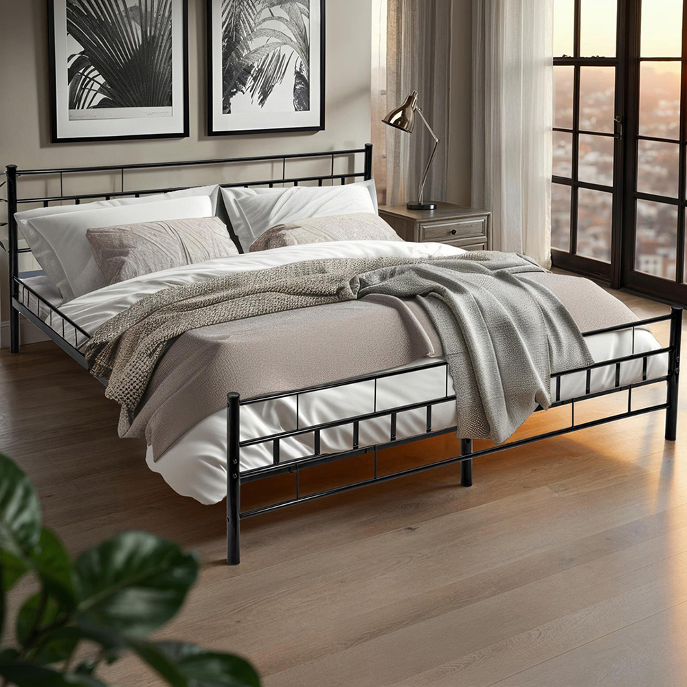tectake Double Black Metal Bed Frame with Slatted Base Image 1