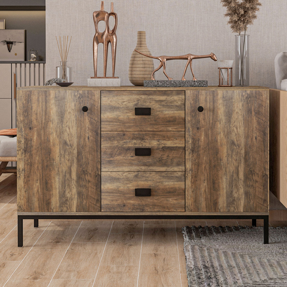 HOMCOM 2 Door 3 Drawer Distressed Brown Retro Sideboard Image 1