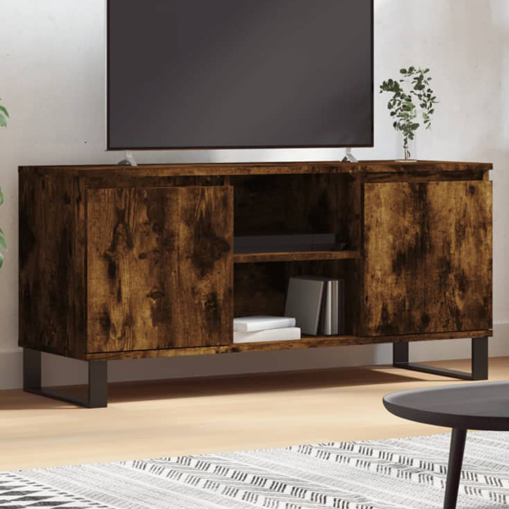 vidaXL 2 Door 2 Open Shelf Smoked Oak TV Cabinet with Iron Legs Image 1