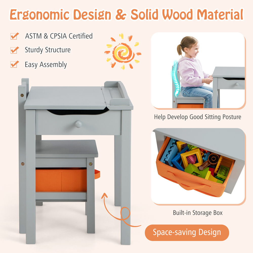 Costway Kids Grey Table and Chair Set with Hidden Space and Hook Image 8
