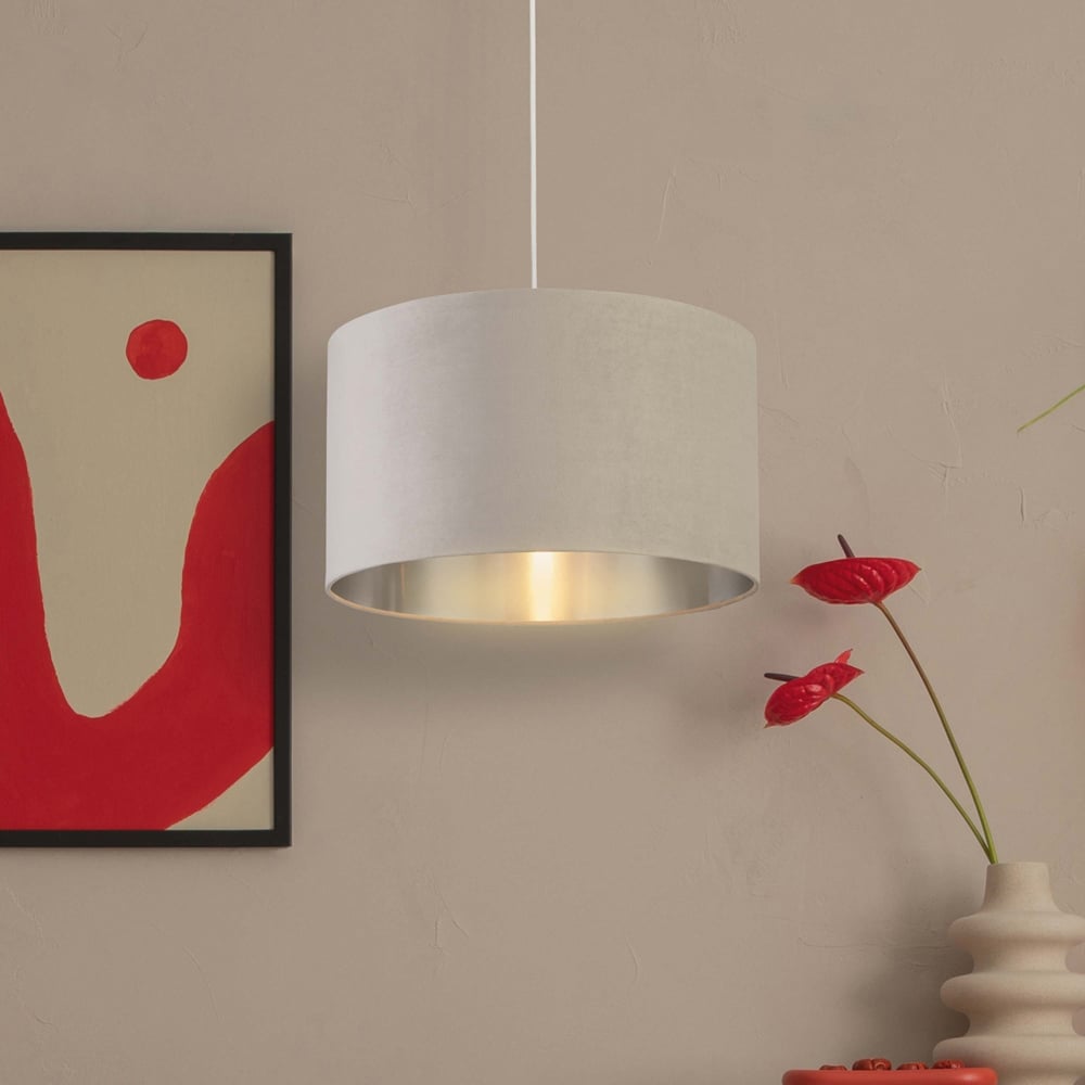Lighting Collection Light Grey Silver Inner Velvet Drum Shade 45cm Image 2