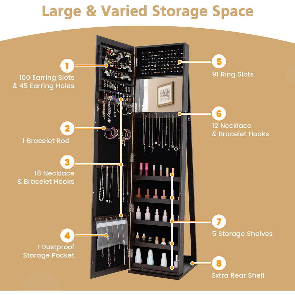 Costway Coffee Mirrored Jewellery Armoire Image 6