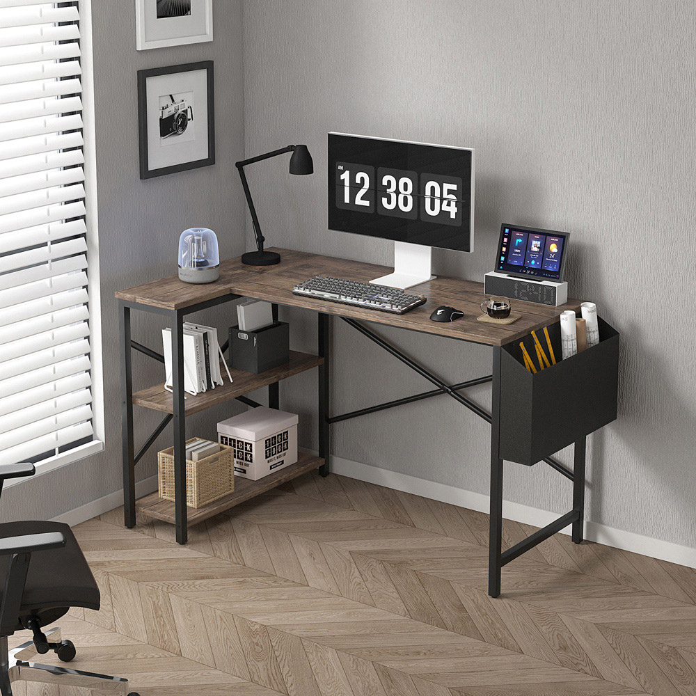 Lotus 2 Adjustable Shelve L Shaped Corner Computer Desk Distressed Grey Image 2