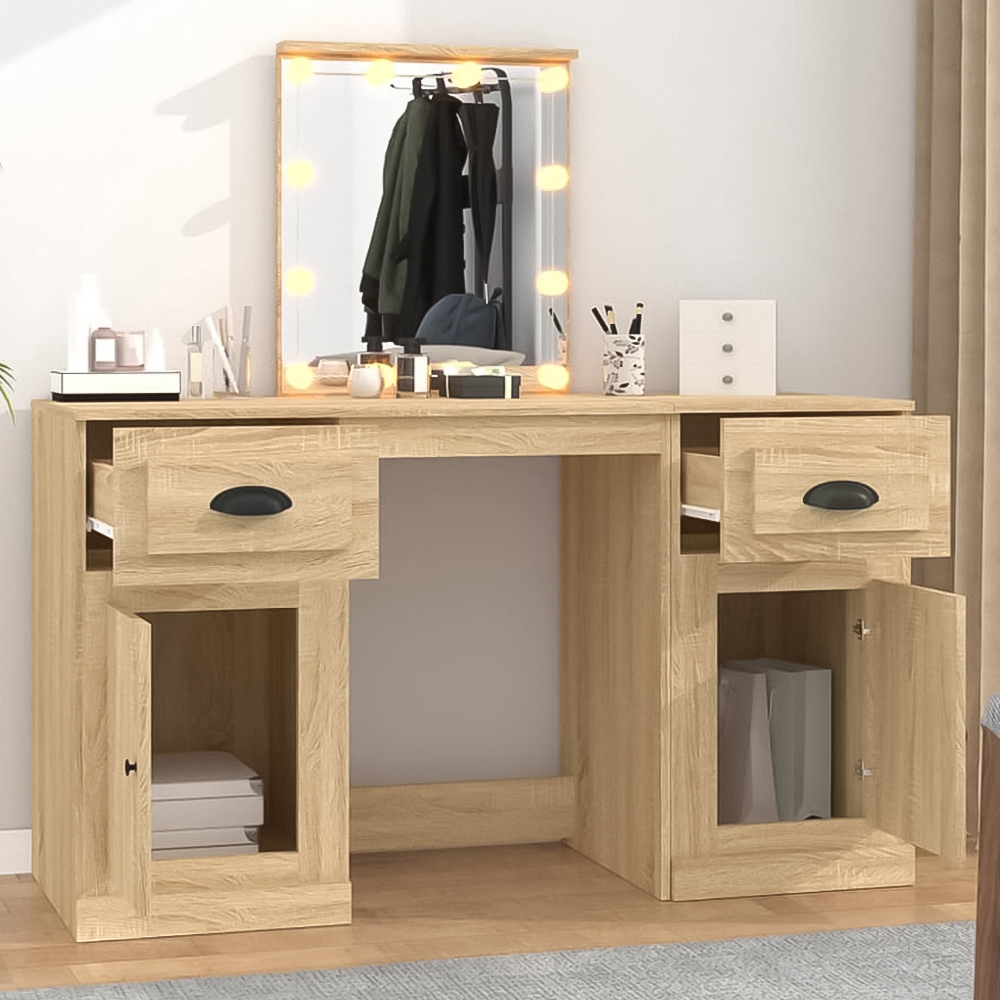 vidaXL 2 Door 2 Drawer Sonoma Oak Wooden Dressing Table with LED Mirror Image 1