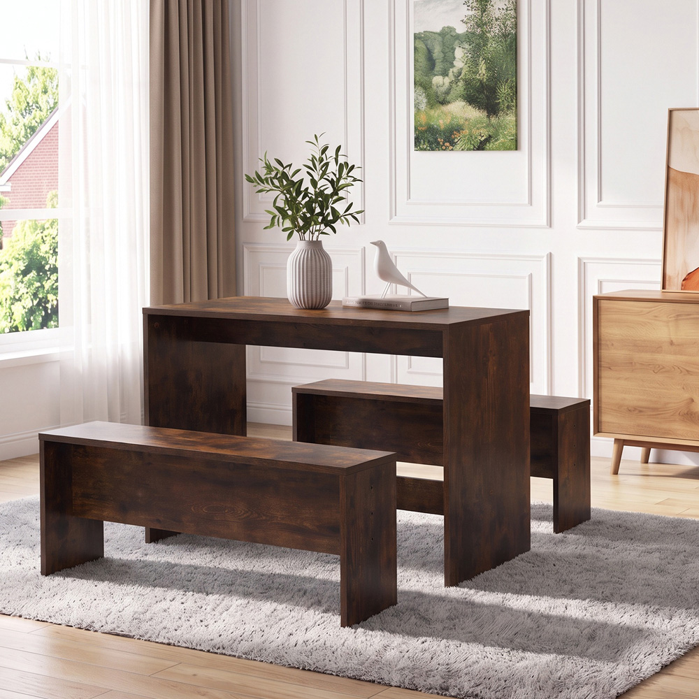 Living and Home 2 Seater Dining Bench Set Brown Wood Grain Image 7