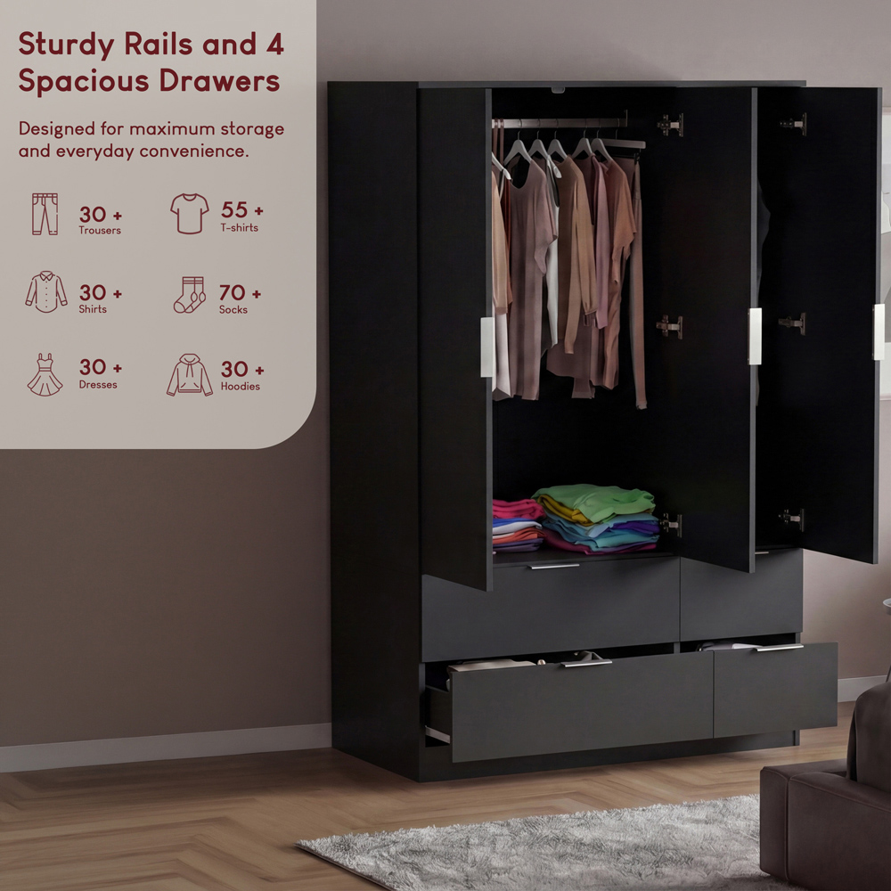 VIDA DESIGNS Trega 3 Door 4 Drawer Black Wardrobe Image 7
