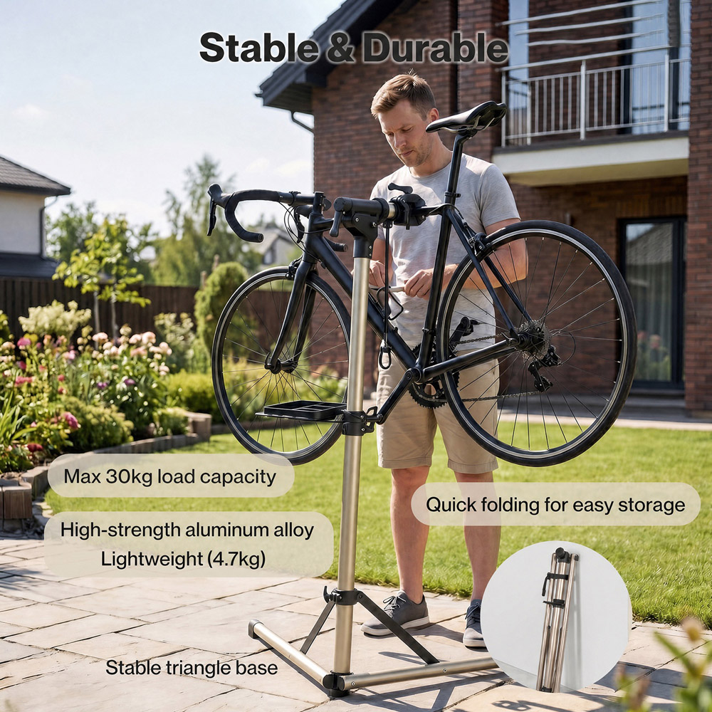 Monvelo Champagne Height Adjustable Rotating Bike Repair Stand with Tray and Handlebar Stabiliser Image 5