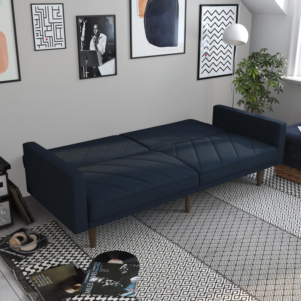 Dorel Paxson 3 Seater Linen Navy Blue Sofa Bed with Wooden Feet Image 8