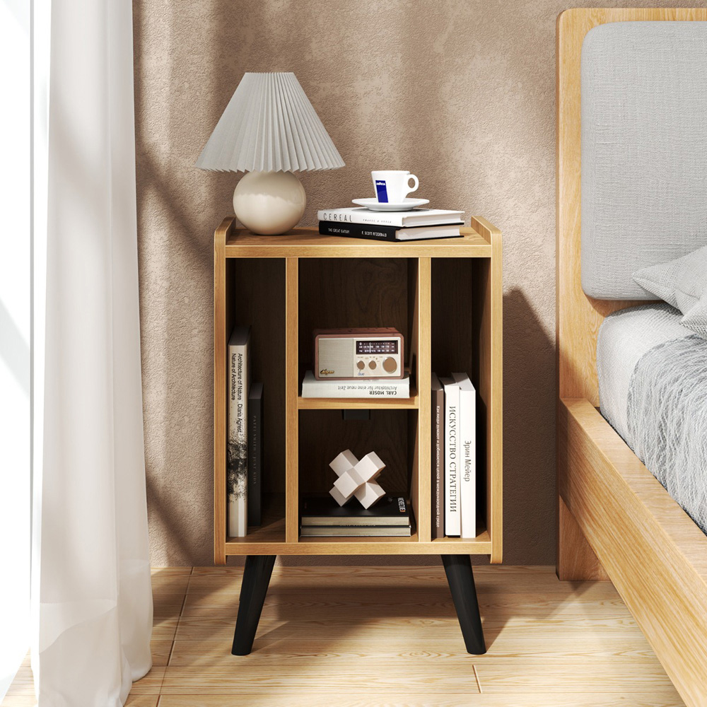 Costway 4 Shelf Natural Record Player Stand with Power Outlet Image 4
