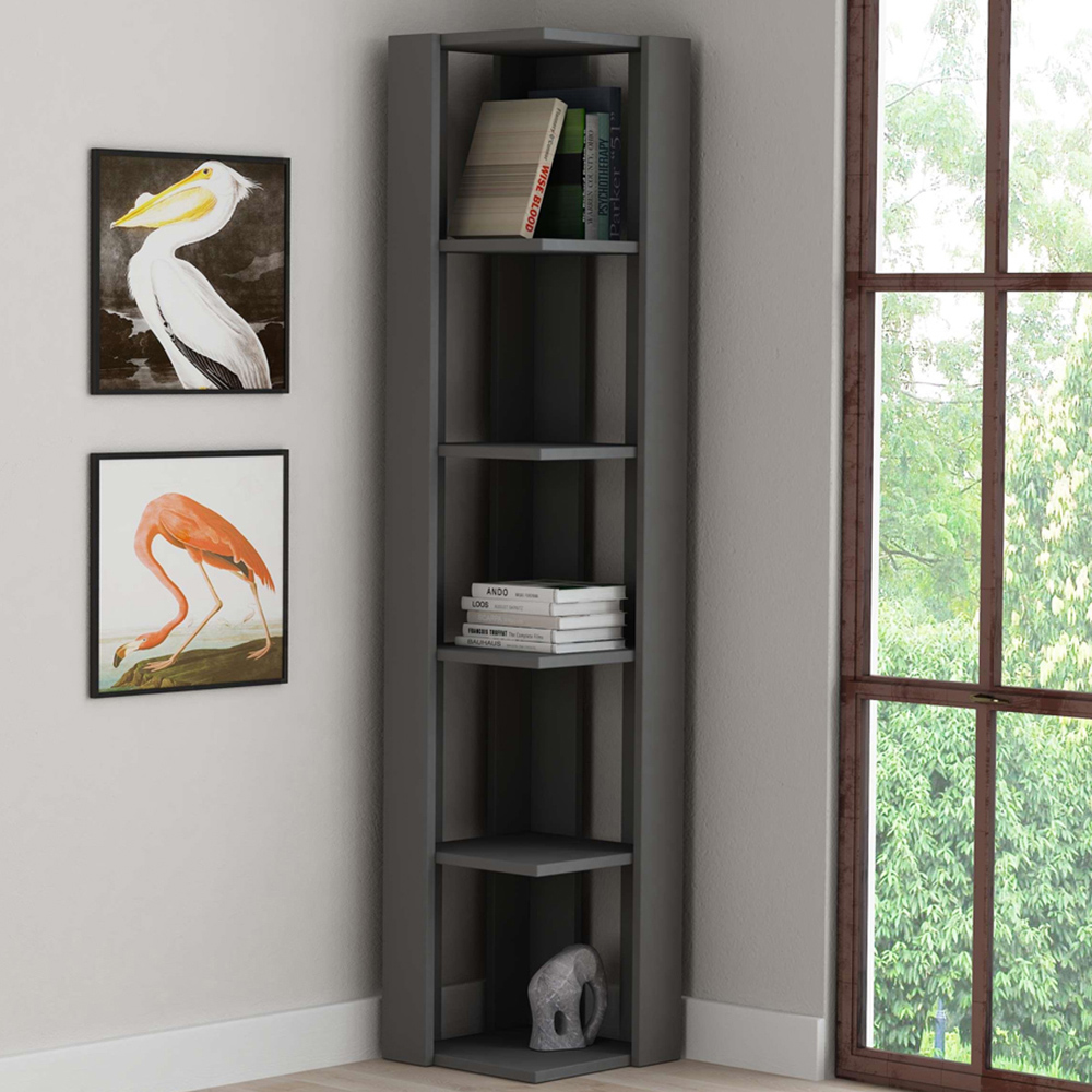 Decortie Nati 5 Shelf Anthracite Modern Corner Tall Bookcase Image 1