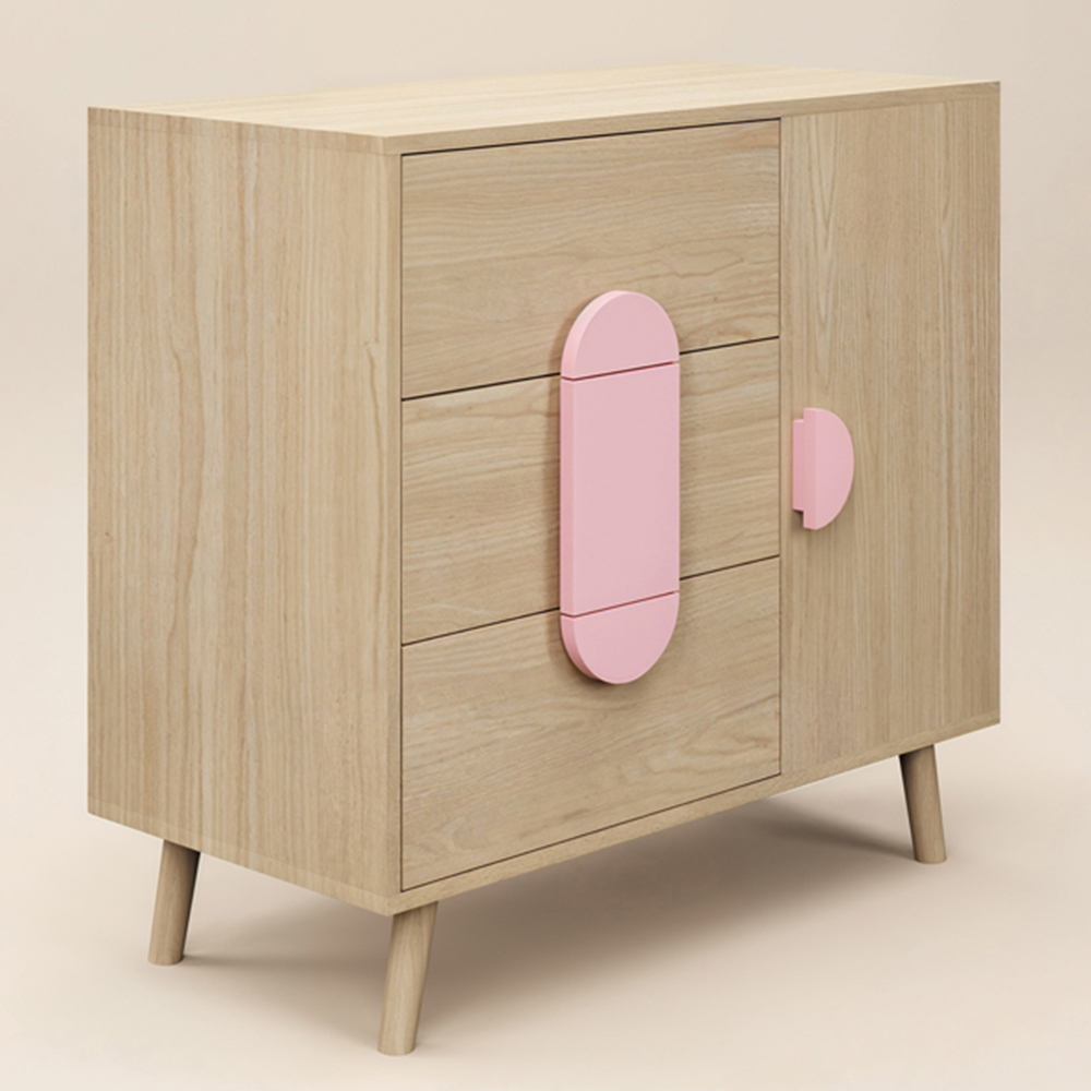 Flair Noah Single Door 3 Drawers Oak and Pink Cabinet Image 3