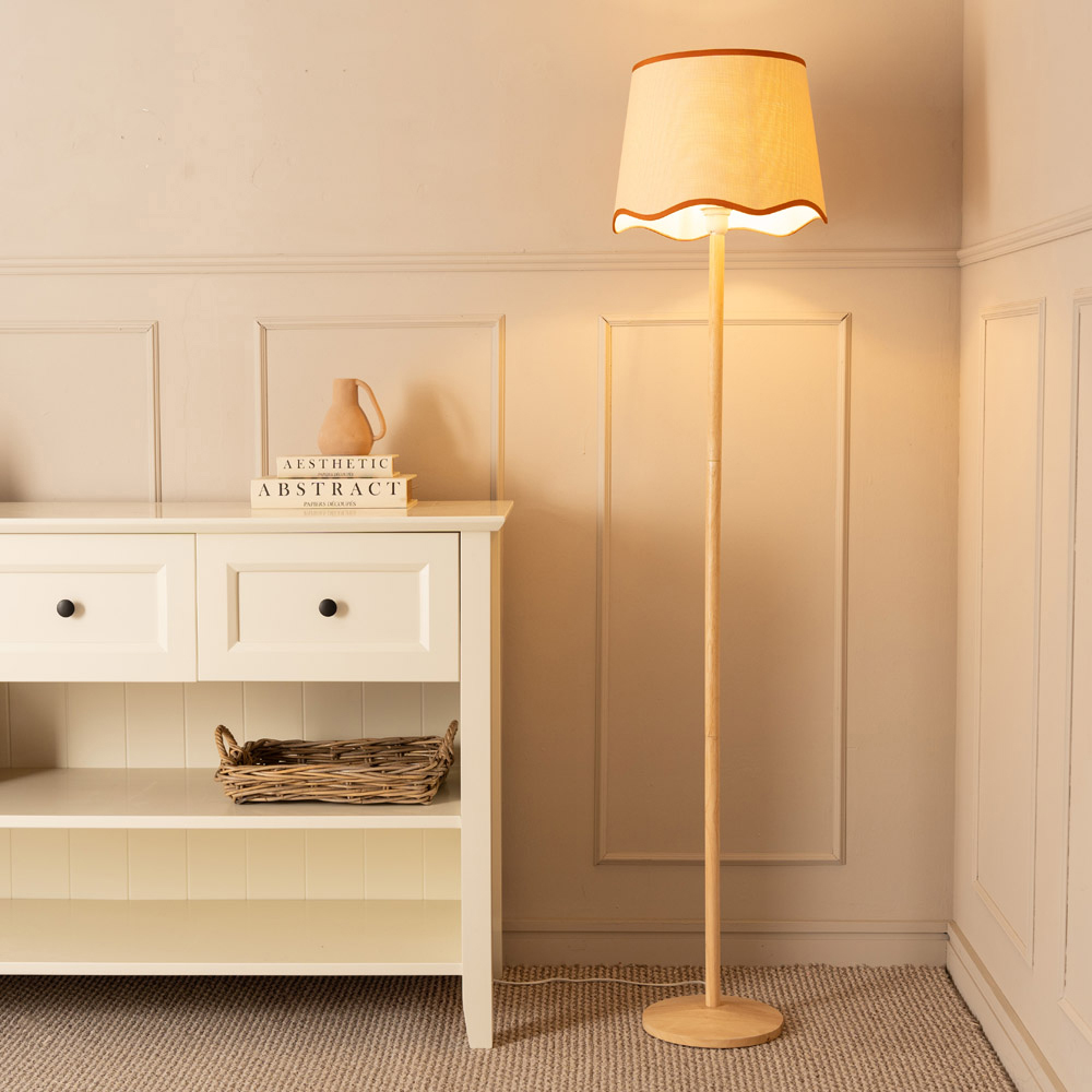 ValueLights Triston Scallop Rust Edge Shade Light Wood LED Floor Lamp Image 2