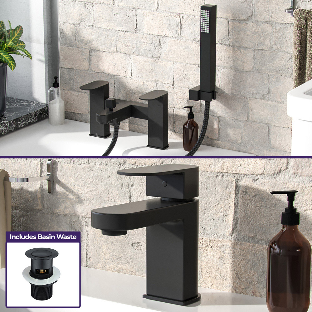 Nes Home Kento Matte Black Square Bath Shower Mixer Pack and Basin Mixer Tap with Waste Image 4