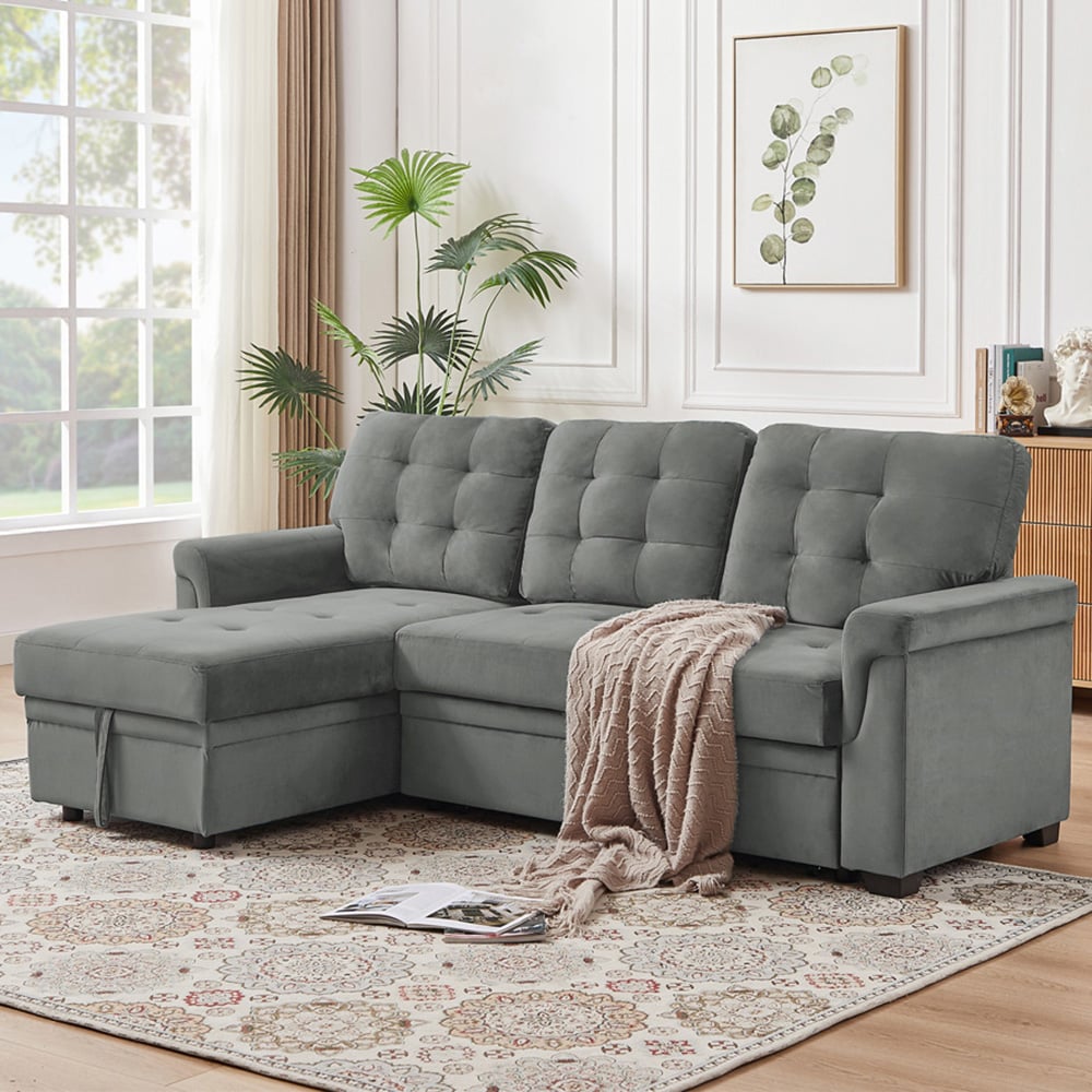 Furniture One 3 Seater Grey Velvet Corner Storage Sofa Bed Image 1