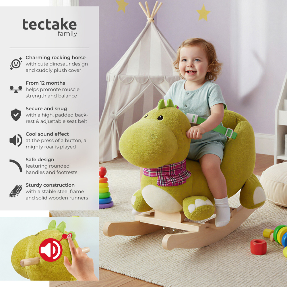 tectake Kids Green Dinosaur Plush Cover Wooden Rocking Horse Image 3