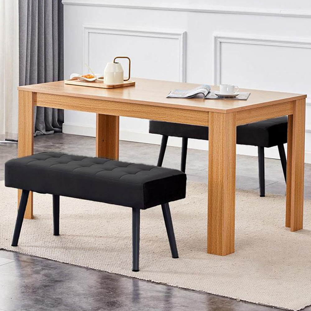 Portland 2 Seater Velvet Wooden Dining Bench Set Oak Effect and Black Image 1