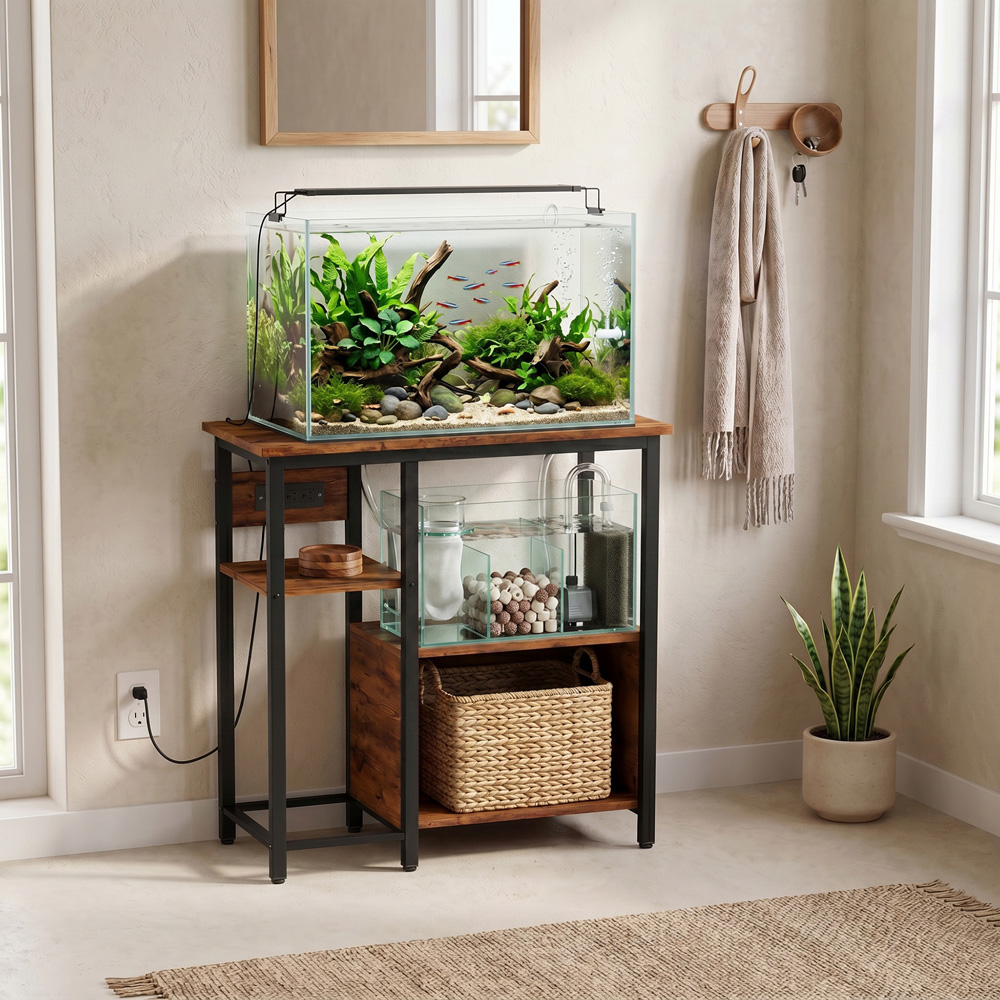 PawHut Rustic Brown Fish Tank Stand with Power Outlets Image 2