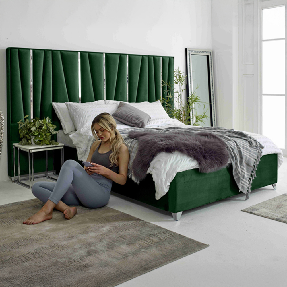 Eleganza Mila King Size Green Plush Velvet Bed Frame with Lined Headboard Image 1
