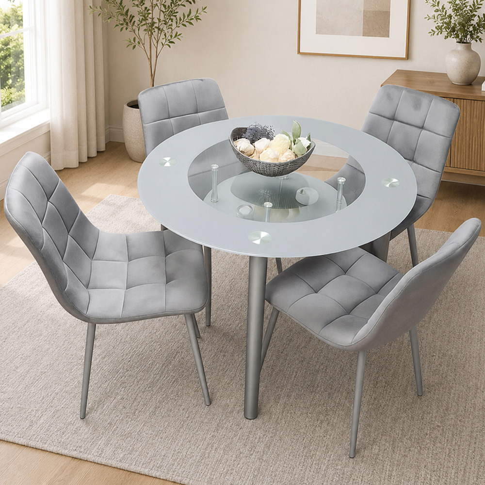 Portland Rocco 4 Seater Round Glass Velvet Dining Set Grey Image 1
