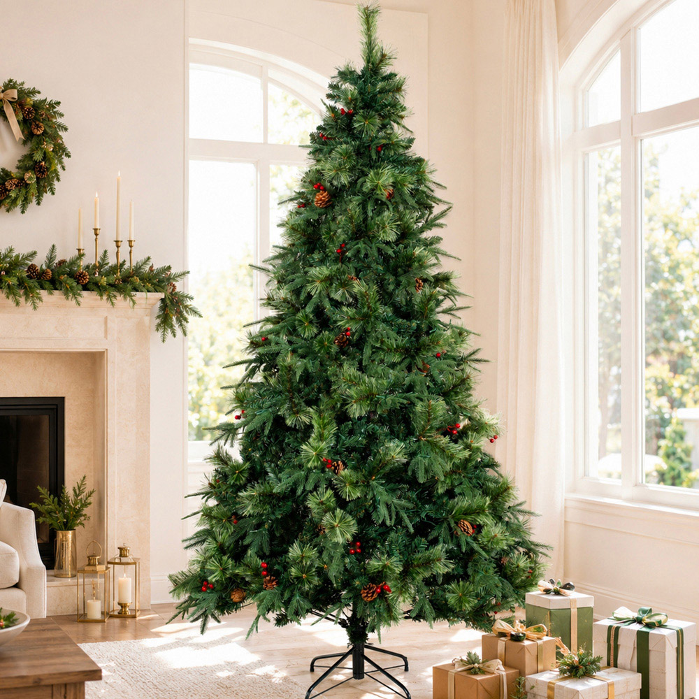 Abrihome Green Artificial Christmas Tree with Blooming Pine Needles Berries and Pinecones 8.5ft Image 2