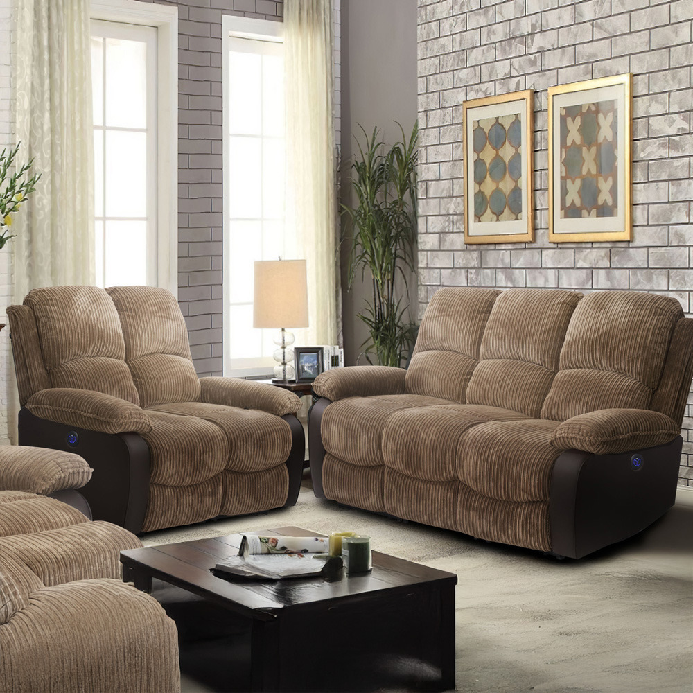 Comfy Living 5 Seater Brown Cord Fabric Electric Recliner Sofa Set Image 1