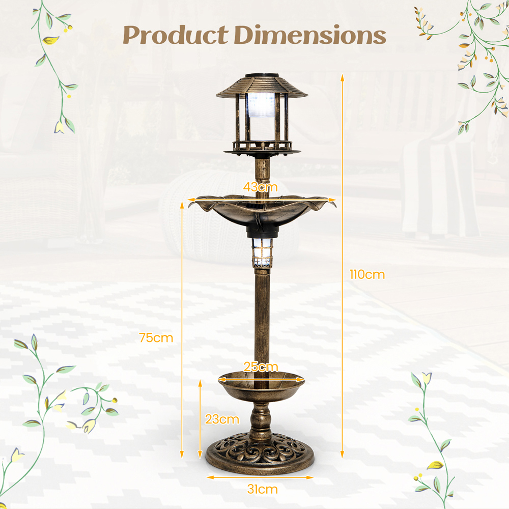 Costway Antique Birdbath and Feeder with 2 Solar Lamp Image 9