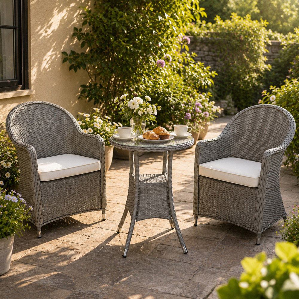 Shatchi Sorrento 2 Seater Light Grey Rattan Aluminium Bistro Set Image 3