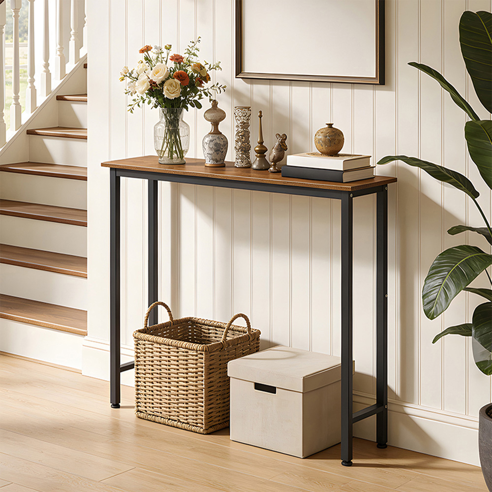 Living and Home Brown Wood Effect Narrow Console Table with Steel Frame Image 7