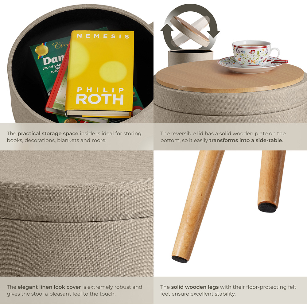 tectake Yara Sand Linen Look Padded Round Stool with Storage Image 5
